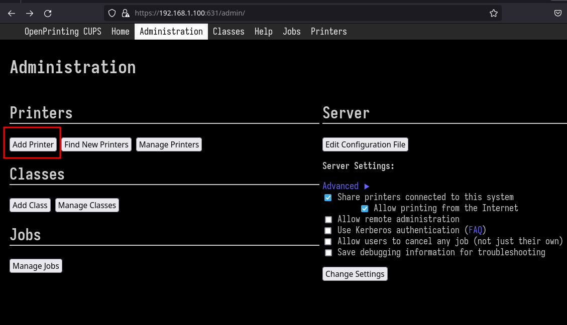 Add a new printer in CUPS web UI